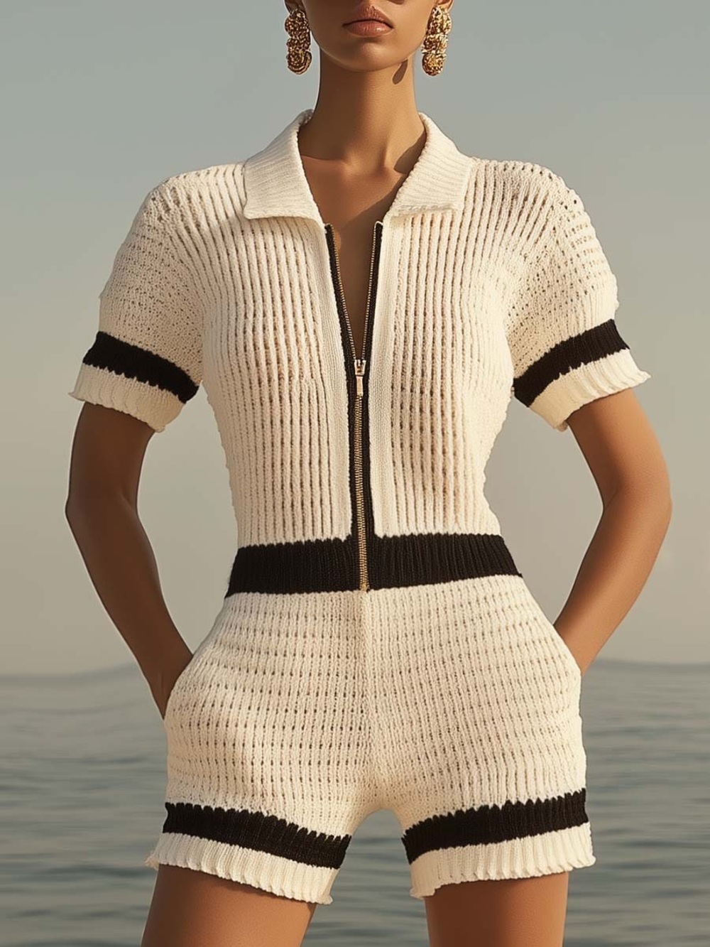 Front Zipper Short Sleeve Knit Shorts Jumpsuit